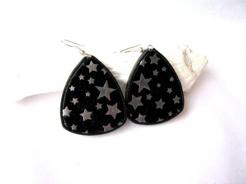 Schwarz Silber Tropfen Ohrringe Schmuck Geschenk Statement Sterne Moderne Zwei Seitenmuster von TemptedByArtJewelry