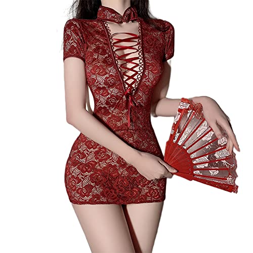 Damen Cosplay Sexy Spitze Cheongsam Unterwäsche Chinesische Klassische Schnalle Träger hohles Nachthemd (Claret1) von Temptshow