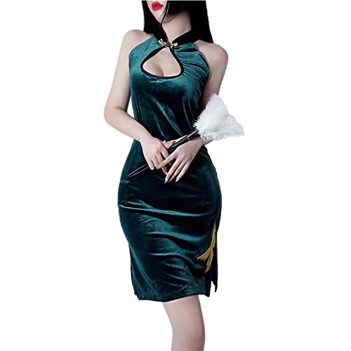 Temptshow Chinesischer Schlafanzug mit kurzen Ärmeln, Cheongsam, Cosplay, leicht, modisch, Straßenschießen, lockeres Kleid, Grün 1, Einheitsgröße von Temptshow