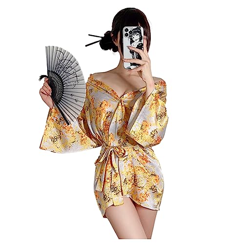 Temptshow Damen Sexy Kimono Dessous Set Bedruckte Riemen Girdle Anime Geisha Nachthemd Yukata, Gelb, EinheitsgröÃŸe von Temptshow