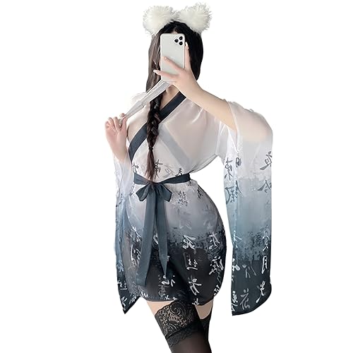 Temptshow Weibliche japanische sexy Kimono Kostüm Geisha Bademantel Anime Cosplay Nachthemd, Schwarz Weiß, Einheitsgröße von Temptshow