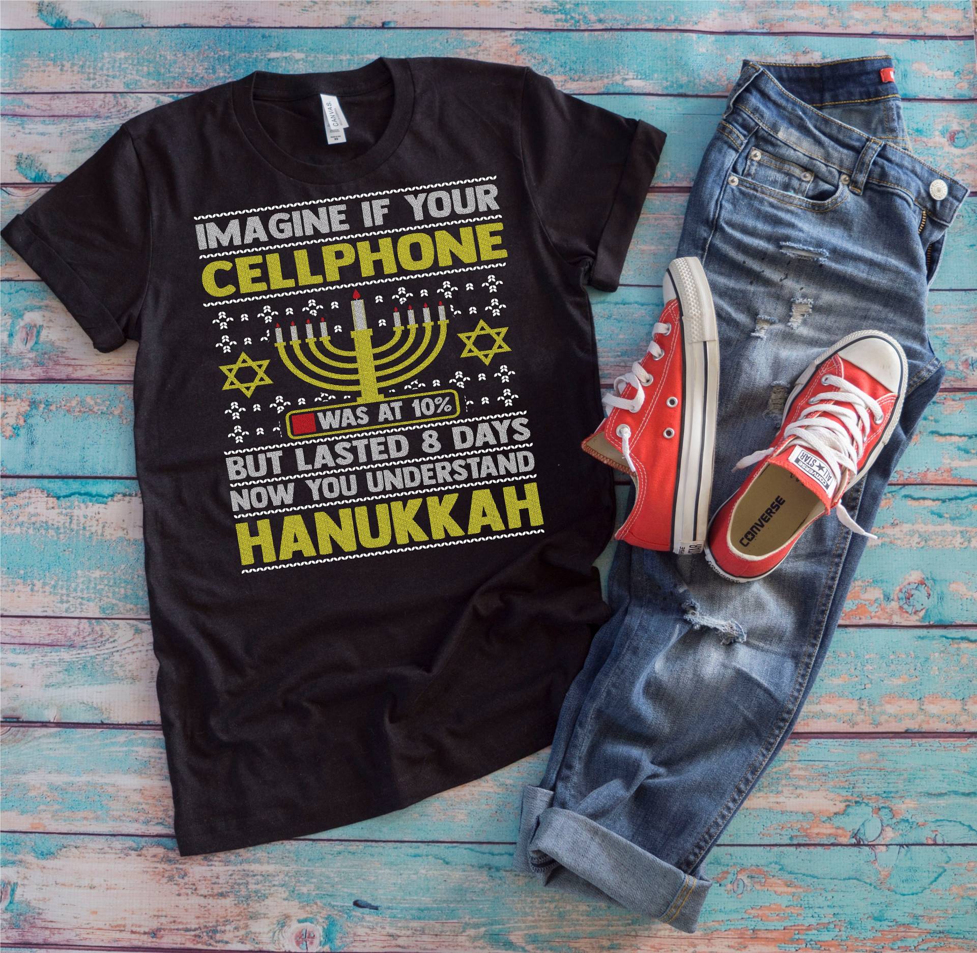 Hanukkah Shirt | Stellen Sie Sich Vor, Wenn Ihr Handy Bei 10 Prozent War, Aber 8 Tage Dauerte Jetzt Verstehen Lustiges Urlaubs Hanukah von TempusVitae