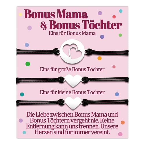 Bonus Mama 2 Tochter Armband Stiefmama Geschenke für Stiefmutter Zwei Bonus Töchter Mutter Armbänder Stieftochter Geschenk zum Geburtstag Muttertag Geschenkideen Herz Schmuck Frauen Schmuckset Damen von Temulnee