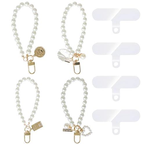 TenaLucy 4 Stück Handykette Kurz,Handykette Perlen Handyanhänger Muschelperle Telefonarmband Universal Handyband Kurz mit 4 Handy Sicherung Patch Pads Kompatibel mit Jedem Handy und Handy Hülle(13mm) von TenaLucy