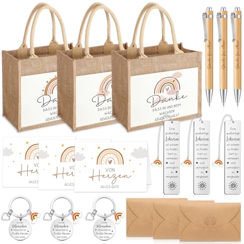 Tenare 3 Sets Abschiedsgeschenk für Lehrerin Enthalten Jutetasche im Böhmischen Regenbogen Lesezeichen Schlüsselanhänger mit Regenbogenanhänger Kugelschreiber Grußkarten Briefumschläge Lehrergeschenk von Tenare
