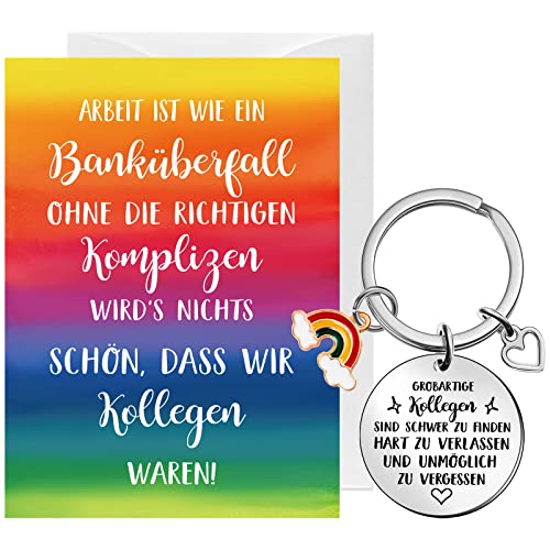 Tenare 3 Stück Kollegen Abschiedsgeschenk Set für Damen Herren Regenbogen Schlüsselanhänger Herz Umschlag ARBEIT IST WIE EIN BANKÜBERFALL Abschiedskarte Ruhestand Jobwechsel Geschenke von Tenare