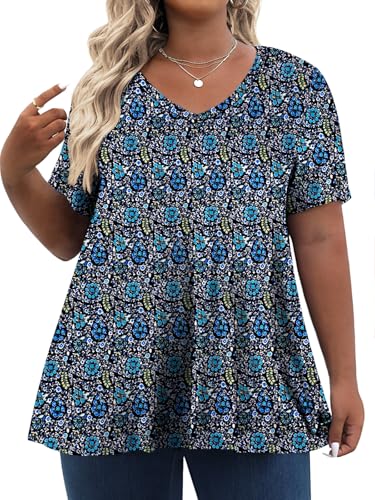 Damen 2024 Plus Size Tops Tunika V-Ausschnitt Shirts Sommer Kurzarm Casual Floral Loose Fit Bluse 1X-5X, Blaue Blattblume, 5X-Large von Tencede