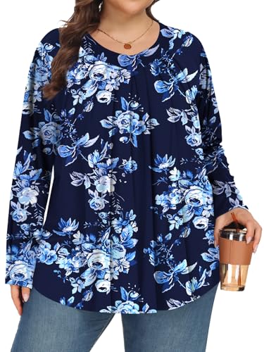 Tencede Damen-Tunika-Blusen in Übergröße, langärmelig, V-Ausschnitt, Größe 1 x 5 x, Blau (Blue Print), 4X-Groß von Tencede