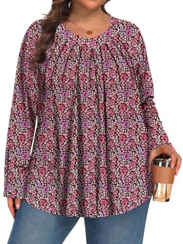Tencede Damen-Tunika-Blusen in Übergröße, langärmelig, V-Ausschnitt, Größe 1 x 5 x, Rote Blattblume, 3X-Groß von Tencede