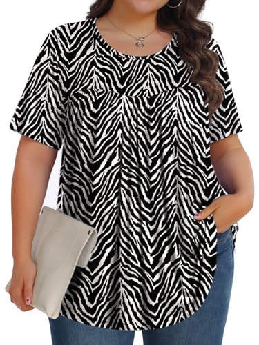 Tencede Damen Übergröße Tops V-Ausschnitt Kurzarm Shirts Tunika Casual Blusen Kleidung 1X-5X, Zebramuster, 5X-Large von Tencede