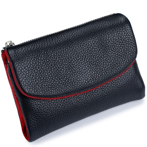 Tencipeda Unisex Pebble Leather Wallet, Versatile Soft Leather Wallets with Credit Card Holder & Cash Slots for Business Daily Commute & Office Use (Black with red) von Tencipeda