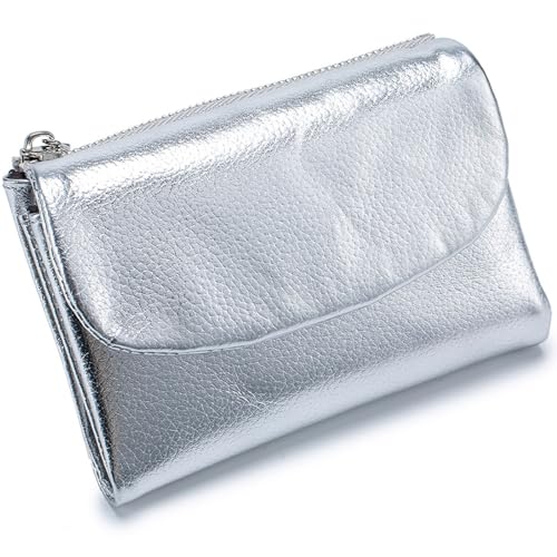 Tencipeda Unisex Pebble Leather Wallet, Versatile Soft Leather Wallets with Credit Card Holder & Cash Slots for Business Daily Commute & Office Use (Silver) von Tencipeda