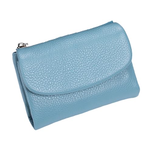 Tencipeda Unisex Pebble Leather Wallet - Double Zipper Coin Pockets, 5.3" Travel Slim Mini Leather Card Holder (Linen Blue) von Tencipeda