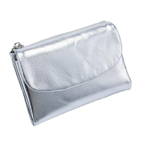 Tencipeda Unisex Pebble Leather Wallet - Double Zipper Coin Pockets, 5.3" Travel Slim Mini Leather Card Holder (Silver) von Tencipeda