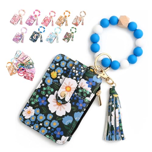 Tencipeda Women's Boho Beaded Wallet with Flower Pattern, Wristlet with Card Holder, Wristlet Keychain Wallet (Dark Blue) von Tencipeda
