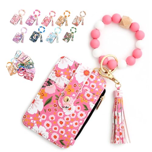 Tencipeda Women's Boho Beaded Wallet with Flower Pattern, Wristlet with Card Holder, Wristlet Keychain Wallet (Dark pink) von Tencipeda