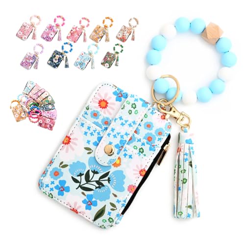 Tencipeda Women's Boho Beaded Wallet with Flower Pattern, Wristlet with Card Holder, Wristlet Keychain Wallet (Light Blue) von Tencipeda