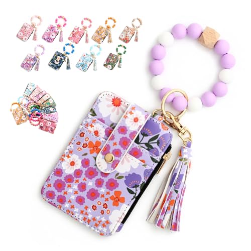 Tencipeda Women's Boho Beaded Wallet with Flower Pattern, Wristlet with Card Holder, Wristlet Keychain Wallet (Light Purple) von Tencipeda
