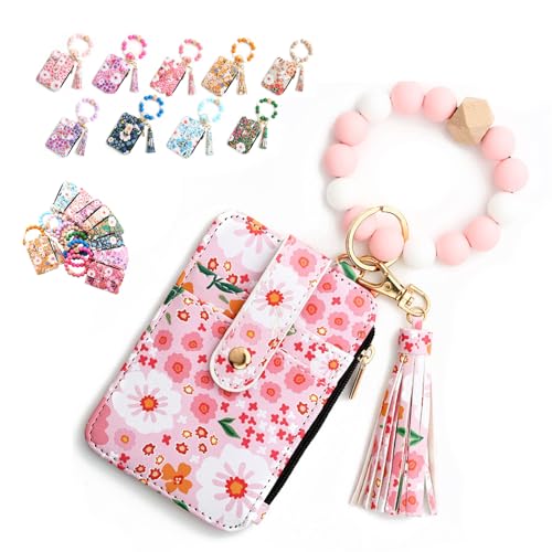 Tencipeda Women's Boho Beaded Wallet with Flower Pattern, Wristlet with Card Holder, Wristlet Keychain Wallet (Light pink) von Tencipeda