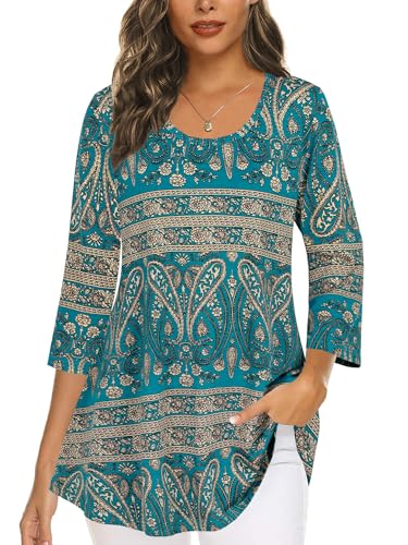 Tencole 3/4-Ärmel, Hemden für Damen, elegante Tunika, Tops, Freizeitkleidung mit Blumenmuster, Aquamarin-Beige, Large von Tencole