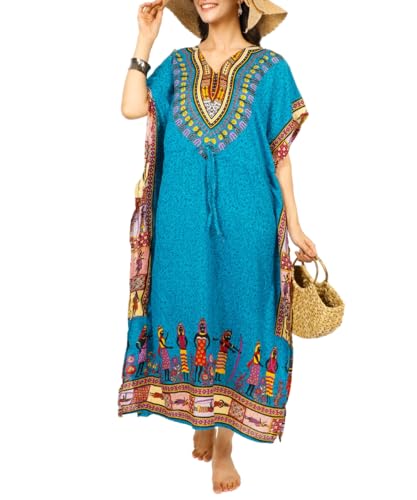 Tengru Afrikanischer Kaftan Maxi-Badeanzug für Damen, Strandkleid, Nachtwäsche, Loungewear, Damendüse, Größe I, knöchellang, Blaugrün, L von Tengru