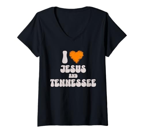 Damen I Jesus and Tennessee with Orange Heart T-Shirt mit V-Ausschnitt von Tennessee Faith Southern Apparel & Gifts