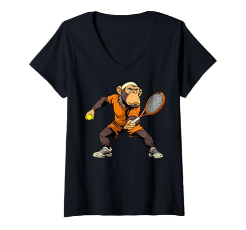 Damen Tennis Affen T-Shirt mit V-Ausschnitt Damen Tennis Affen T-Shirt mit V-Ausschnitt von Tennis Animals