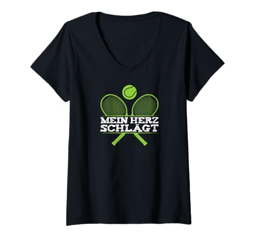 Damen Tennisspieler Mein Herz Schlägt Tennis T-Shirt mit V-Ausschnitt von Tennis Bekleidung für Tennisspieler