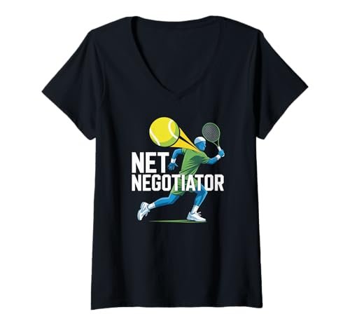 Damen Net Negotiator, Tennisspieler, Kunst T-Shirt mit V-Ausschnitt Damen Net Negotiator, Tennisspieler, Kunst T-Shirt mit V-Ausschnitt von Tennis Enthusiast Graphic Apparel
