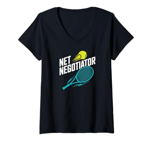 Damen Net Negotiator Tennisschlägerball T-Shirt mit V-Ausschnitt Damen Net Negotiator Tennisschlägerball T-Shirt mit V-Ausschnitt von Tennis Enthusiast Player Racquet Power Serve