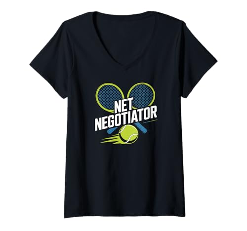 Damen Net Negotiator Tennisschlägerausrüstung T-Shirt mit V-Ausschnitt Damen Net Negotiator Tennisschlägerausrüstung T-Shirt mit V-Ausschnitt von Tennis Enthusiasts Racket Lovers Apparel