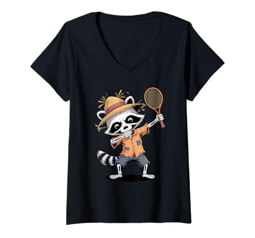 Damen Halloween Waschbär Dabbing Tennisschläger T-Shirt mit V-Ausschnitt von Tennis Gift For A Tennis Player