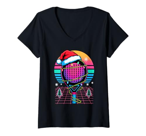 Damen Weihnachten Synthwave Tennis T-Shirt mit V-Ausschnitt von Tennis Gift For A Tennis Player