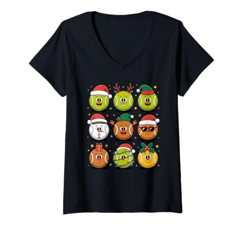 Damen Weihnachten Tennisball Weihnachtsmannmütze T-Shirt mit V-Ausschnitt von Tennis Gift For A Tennis Player