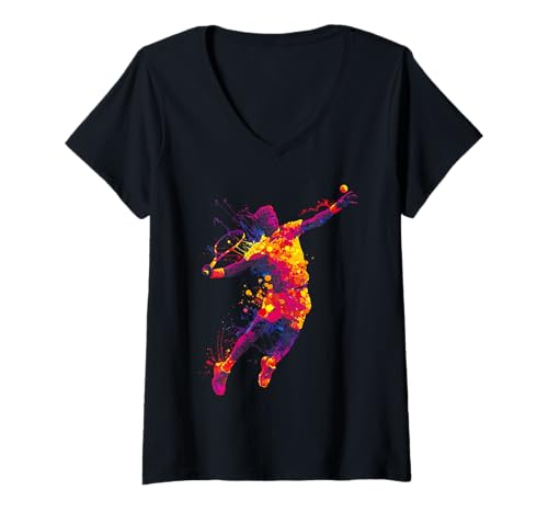 Damen Tennisspieler-Silhouetten-Design mit Buntem T-Shirt mit V-Ausschnitt Damen Tennisspieler-Silhouetten-Design mit Buntem T-Shirt mit V-Ausschnitt von Tennis Player Colorful Splash Silhouette Shop