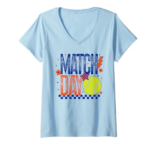 Damen Tennis Match Mädchen Tennis Team Player Orange und Blau T-Shirt mit V-Ausschnitt von Tennis T-Shirt Co.