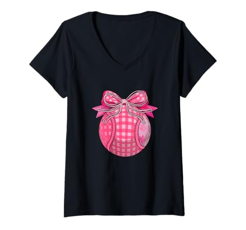 Damen Tennis Ball Floral Pink Color Bow Tie Girl Women Player T-Shirt mit V-Ausschnitt von Tennis Vacations Costume