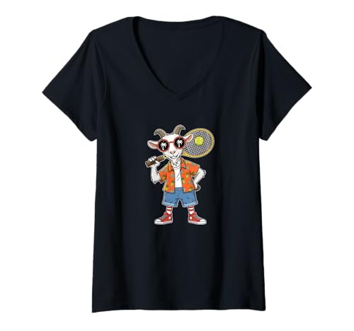 Damen Lustige Tennis Ziege Mit Sonnenbrille Und Hawaiihemd T-Shirt mit V-Ausschnitt von Tennis Ziege Sommer Humor Retro Urlaub