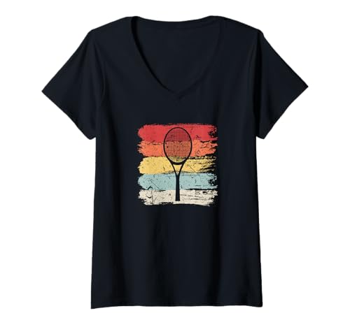 Damen Retro Tennisschläger Tennis T-Shirt mit V-Ausschnitt von Tennis Zubehör & Kleidung