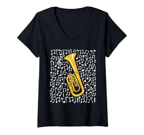 Damen Tenorhorn Musiknoten Blechbläser Orchester T-Shirt mit V-Ausschnitt Damen Tenorhorn Musiknoten Blechbläser Orchester T-Shirt mit V-Ausschnitt von Tenor Horn Teacher Notation Hornist By DoodleRob