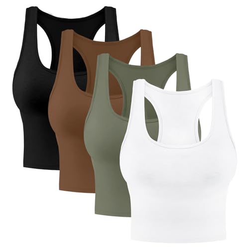 4 Stücke Damen Crop Tops Baumwolle Basic Tank Tops Racerback Ärmellos Sport Workout Crop Tank Tops, Schwarz, weiß, dunkler Kaffee, Armeegrün, Mittel von Tenpluszero