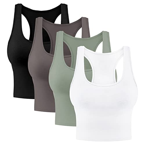 Bauchfreies Damen-Tanktop, Baumwolle, Racerback, ärmellos, Sport, Workout, 4 Stück - - Mittel von Tenpluszero