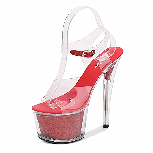 6.49in Damen Sexy Plateau High Heel Damen Heels Peep Sandalen Damen Plateau Open Toe High Heel Stiletto Pumps Pumps Pumps Sexy Pole Dance Striptease Schuhe,Rot,35 EU von Tent