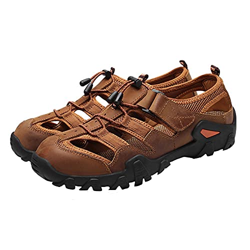 Herren Sandalen Mit Geschlossener Zehenpartie, Sport Outdoor Sandalen Sommer Herren Strandschuhe Leder Casual Trekking Walking Wandern Sandalen FüR Herren,Light Brown,46 EU von Tent