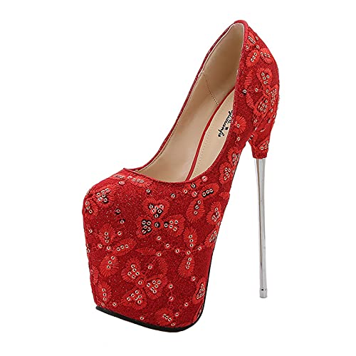 Plus Size High Heels Damen 19 cm/7,48 In High Heel Plateau Stiefeletten Stiletto Pumps Damen Peep Heels Sexy Pole Dance Striptease Schuhe FüR FrüHling Und Herbst,Rot,50 EU von Tent