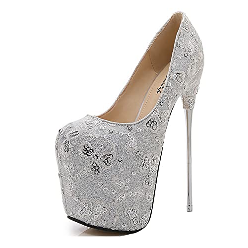 Plus Size High Heels Damen 19 cm/7,48 In High Heel Plateau Stiefeletten Stiletto Pumps Damen Peep Heels Sexy Pole Dance Striptease Schuhe FüR FrüHling Und Herbst,Silber,39 EU von Tent