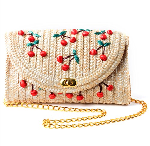 TentHome Damen Stroh Strandtasche Korbtasche Banana Kirsche Stickerei Crossbody Kette Schultertaschen Abdeckung Kuriertaschen Sommer Umhängetasche (Kirsche) von TentHome