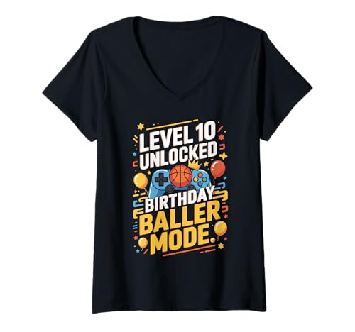 Damen Level 10 Unlocked Birthday Baller Mode Video Game Controller T-Shirt mit V-Ausschnitt von Tenth Bday Gamer & Basketball Player Celebration