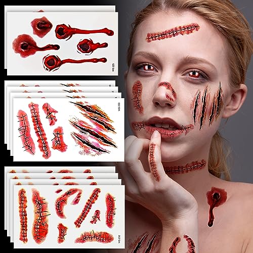 Halloween Tattoo Narben 10 Bogens, Halloween Wunden Scars Realistische Motive Aufkleber Wasserdichte Temporäre Tattoos,Gesicht Aufkleber mit gefälschten Scab Blut Spezial Fx Kostüm Makeup Stützen (M) von Tenuevo