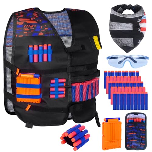 Tactical Vest Kinder Nerf Weste Set for Nerf N Strike Elite Series, Nerf Zubehör mit Magazine Clips Quick Recharge, Bullets Darts Recharge, Wrist Bands, Schutzbrillen, Halstuch für Jungen Mädchen von Tenuiskft